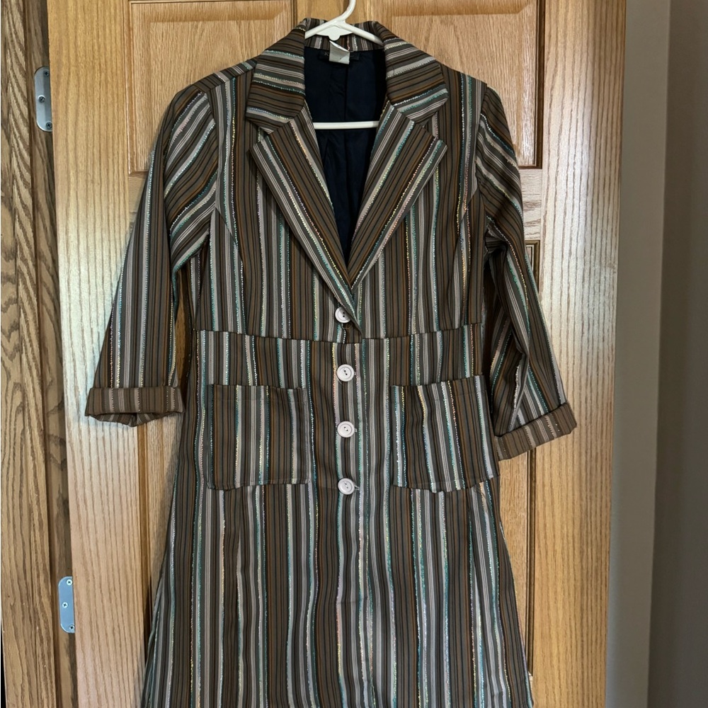 Vintage - Striped Long Tailored Coat Dress in Brown and Teal